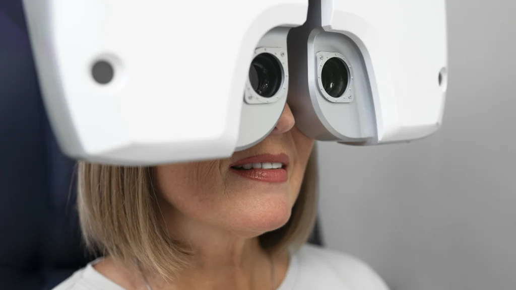 Paciente em equipamento oftalmológico para planejamento de lente intraocular na cirurgia de catarata